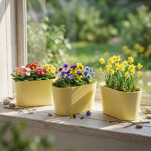 Doniczka owalna żółta dekoracyjna plastikowa 20×10×11cm 3szt | Floristik24.pl