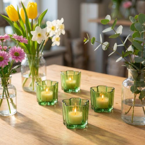 Dekoracyjne szklane świeczniki typu tealight w kształcie kwiatka, zielone, Ø7,5 cm, wys.6 cm, 6 szt. | Floristik24.pl