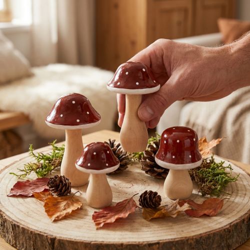 Produkt Drewniane grzyby, muchomory, dekoracja, drewno, FSC, czerwono-brązowe, wys. 6,5/7 cm, 4 sztuki