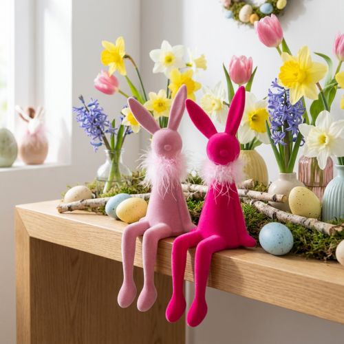 Produkt Figurka zająca wielkanocnego z boa z piór, półka, dekoracyjna figurka wielkanocna, 27 cm, 2 sztuki