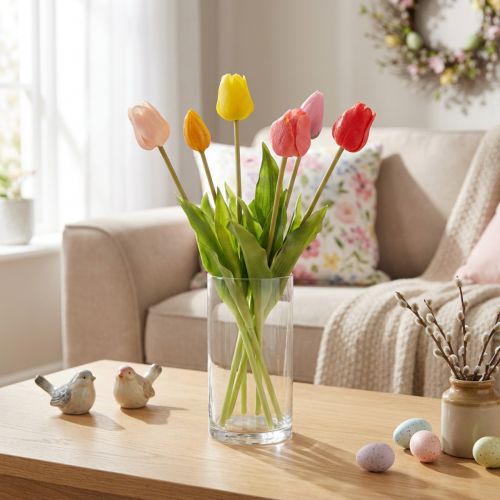 Produkt Bukiet sztucznych tulipanów, kolorowy, realistyczna dekoracja, wysokiej jakości do domu, 43 cm, 7 sztuk