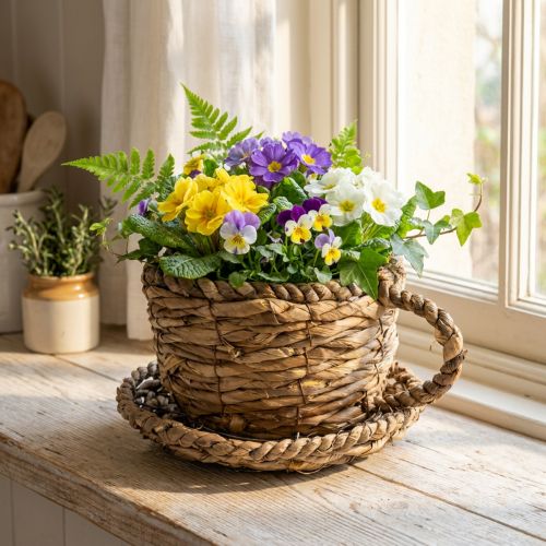 Filiżanka z podstawką, mały koszyczek słomiany, Ø17cm, wys. 13cm | Floristik24.pl