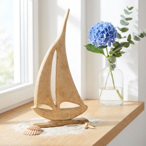 Żaglówka Drewno na Podstawie Naturalna Dekoracja Stołu Morska H42cm | Floristik24.pl