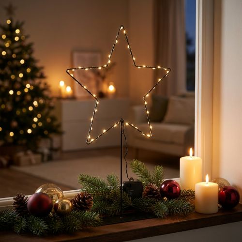 Gwiazda LED z pojemnikiem na baterie na stojaku na parapet i stół 46cm | Floristik24.pl