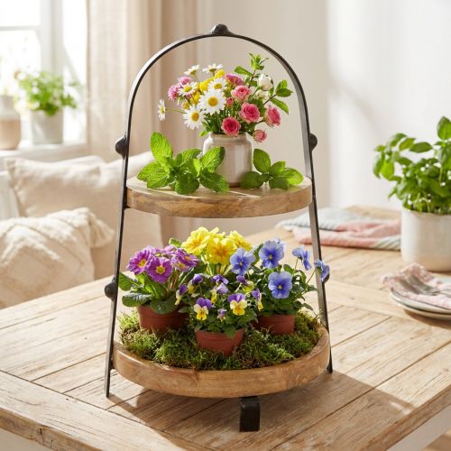 Drewniano-metalowy stojak na przekąski, kolor naturalny czarny, dwupoziomowy, Ø25,5 cm, wys.38 cm | Floristik24.pl