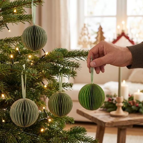Bombki choinkowe, papierowe kule o strukturze plastra miodu, zielone i złote, 7 cm, 4 sztuki, dekoracja | Floristik24.pl