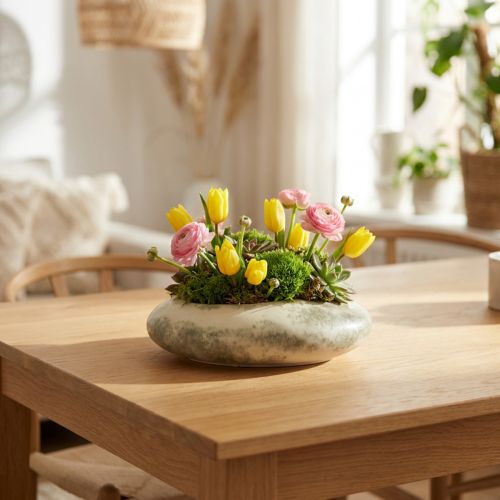 Miska dekoracyjna owalna płaska miska ceramiczna kremowo-szaro-zielona 19×14×5cm | Floristik24.pl