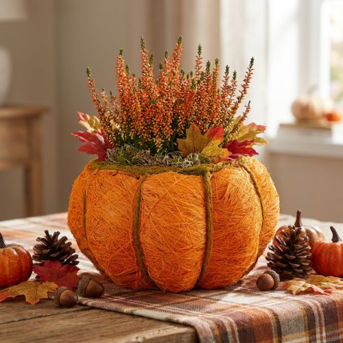 Doniczka z dynią, pomarańczowo-żółto-zielona, sizalowa, Ø21cm, wys. 12cm | Floristik24.pl