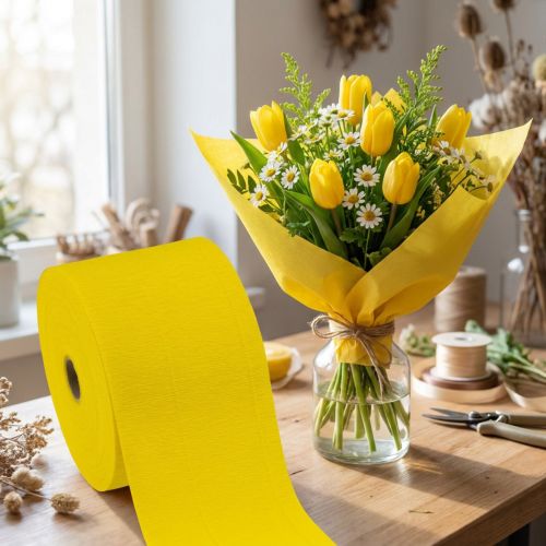 Krepa kwiatowa żółta szer.10cm gramatura 128g/m2 dł.250cm 2 sztuki | Floristik24.pl