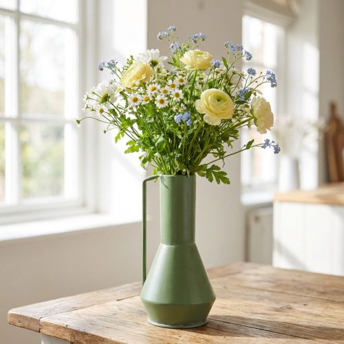 Dekoracyjny metalowy wazon, zielony, z uchwytem; zabytkowy dekoracyjny dzban, wys. 14 cm, wys. 28,5 cm | Floristik24.pl