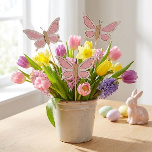 Drewniane patyczki ozdobne różowy motyl 7,5cm 28cm 12szt | Floristik24.pl
