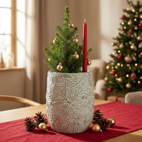 Sadzarka ceramiczna zielona biała szara sosna gałązki Ø12cm H17.5cm | Floristik24.pl