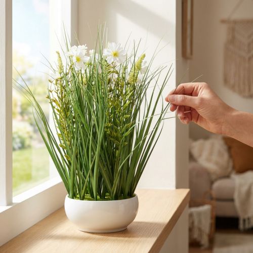 Deco trawa z kwiatami cosmea w misie H45cm | Floristik24.pl