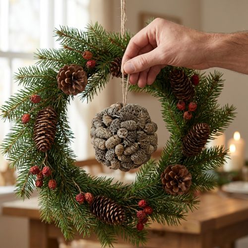 Produkt Kula stożkowa do zawieszania szyszek olchowych bielonych 12cm