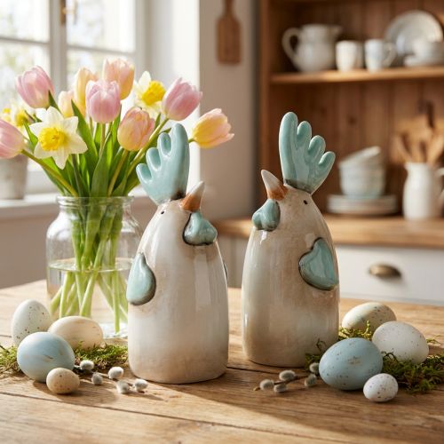 Ceramiczny Kogut Dekoracja Kuchenna Kurczak Biały Niebieski Brązowy H14.5cm 2 szt | Floristik24.pl