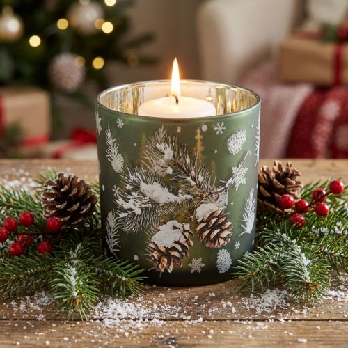 Produkt Szklany świecznik typu tealight z szyszkami i płatkami śniegu, 15 cm