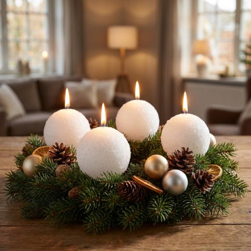 Świece Winter Magic Ball, białe, efekt kuli śnieżnej, Ø10 cm, zestaw 4 sztuk, do dekoracji świątecznych | Floristik24.pl