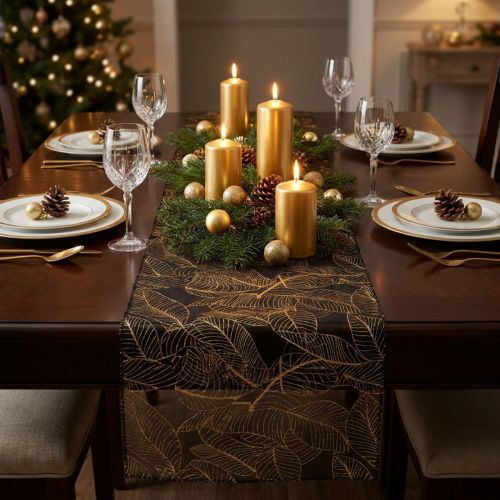 Produkt Bieżnik organza czarno-złoty – elegancka dekoracyjna rolka tkaniny z wzorem liści 48 x 450 cm