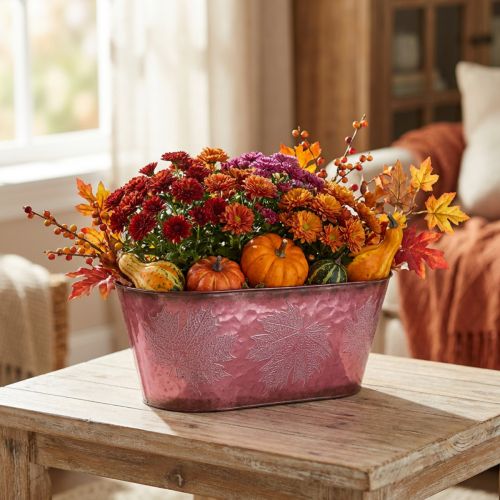 Misa z liśćmi, sadzarka, jesienna dekoracja, metalowa doniczka Wine Red L38cm H15cm | Floristik24.pl