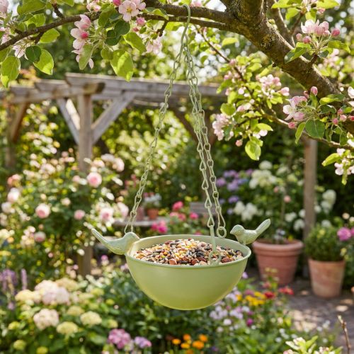 Produkt Karmnik dla ptaków odporny na warunki atmosferyczne z zawieszeniem na łańcuchu i ozdobnymi ptakami, 47 cm