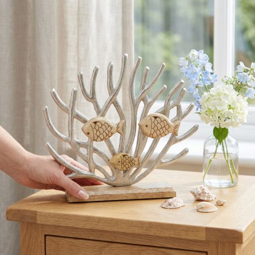 Produkt Dekoracja stołu w stylu marynistycznym, dekoracja koralowa, ryba, drewno, metal, dł. 30 cm