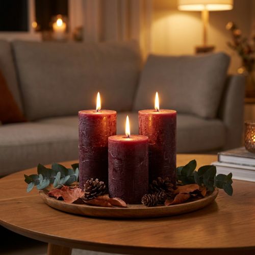 Zestaw 4 świec filarowych w kolorze bordowym, jednolity kolor, 70 x 120 mm – Świece dekoracyjne do domowej atmosfery i dobrego samopoczucia | Floristik24.pl
