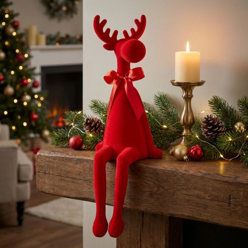 Dekoracyjna figurka łosia z kokardą, siedząca, półka z flokowanego materiału, 54 cm | Floristik24.pl