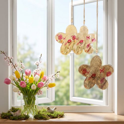 Produkt Dekoracyjne wiszące drewniane kwiaty wiosna naturalny róż 16cm 3szt