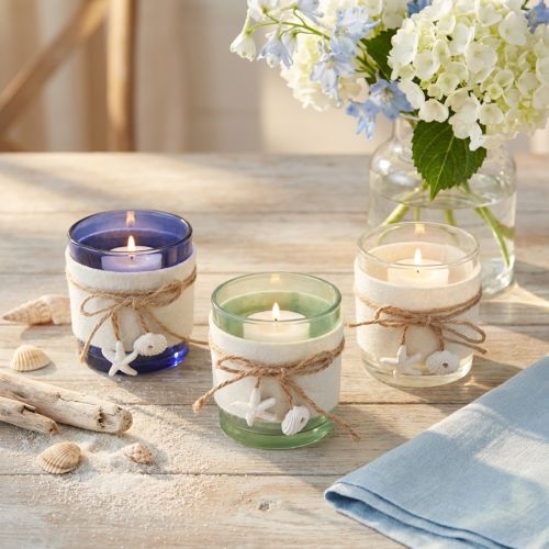 Podgrzewacz szklany tealight morski niebieski zielony biały 7,5cm 3szt | Floristik24.pl