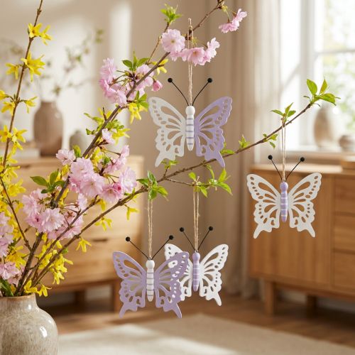 Wieszak dekoracyjny motyle drewno fioletowy/biały 12×11cm 4 szt | Floristik24.pl