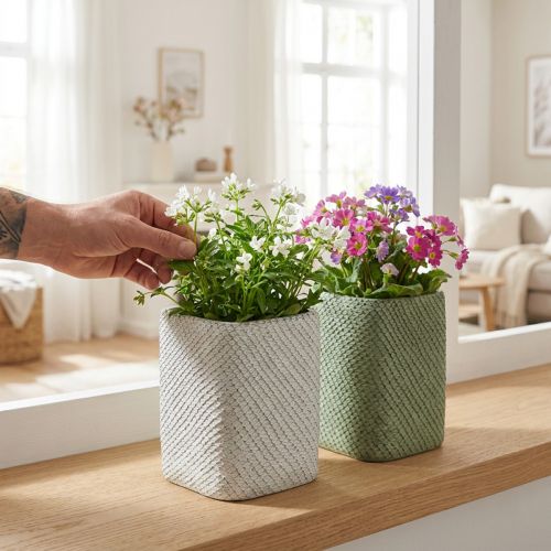 Sadzarka ceramiczna biała zielona siatka reliefowa 12x12cm H17.5cm 2szt | Floristik24.pl
