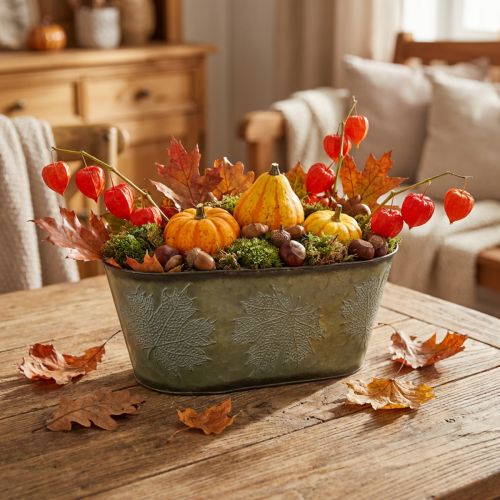 Autumn Planter Bowl, Metal Deco z liśćmi Decor Green L38cm H15cm | Floristik24.pl