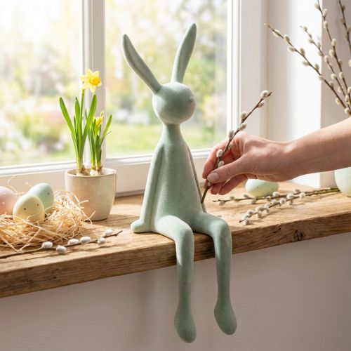 Króliczek wielkanocny, siedzący, z frędzlami, szaro-zielony, 56 cm | Floristik24.pl