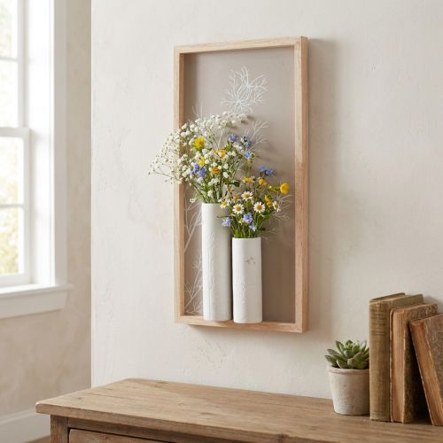 Drewniana dekoracja ścienna z ceramicznymi wazonami wys. 35 cm w stylu rustykalnym | Floristik24.pl