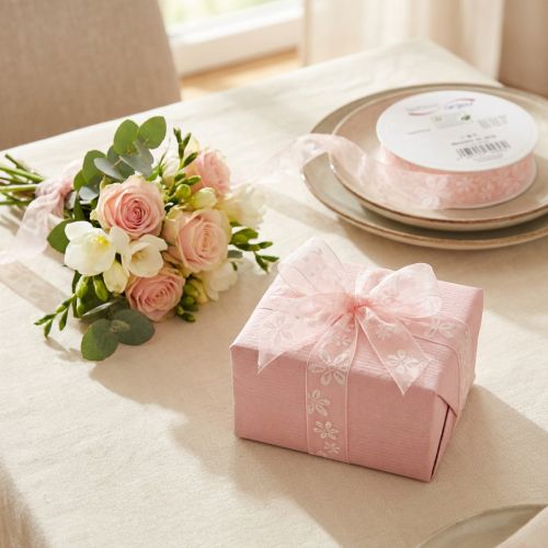 Produkt Wstążka organza, wstążka prezentowa kwiatowa, różowa, 25 mm, 18 m