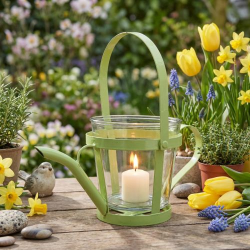 Szklana dekoracyjna konewka z latarnią, metalowa zielona Ø14cm W13cm | Floristik24.pl