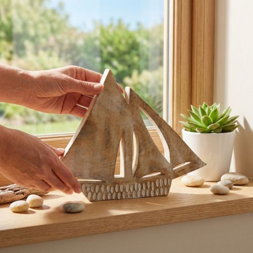 Drewniana żaglówka, dekoracja morska, łódź drewniana w kolorze naturalnym, biała W23cm | Floristik24.pl