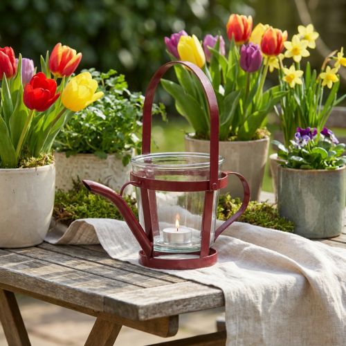 Szklana dekoracyjna konewka z latarnią, metalowa czerwona Ø14cm W13cm | Floristik24.pl