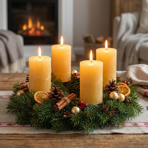 Rustykalne świece filarowe, barwione na żółto, do wieńców adwentowych i lampionów, zestaw 4 szt., 70/140 mm | Floristik24.pl