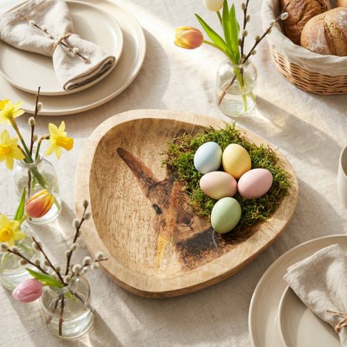 Produkt Talerz Wielkanocny Drewniany Talerz Dekoracyjny Królik w Jajku Naturalny 25x26cm