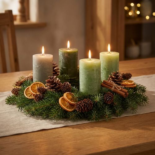 Produkt Zielone świece filarowe, 3 odcienie, jednolity kolor, rustykalne, 70x100 mm, zestaw 12 sztuk, do dekoracji i na Adwent