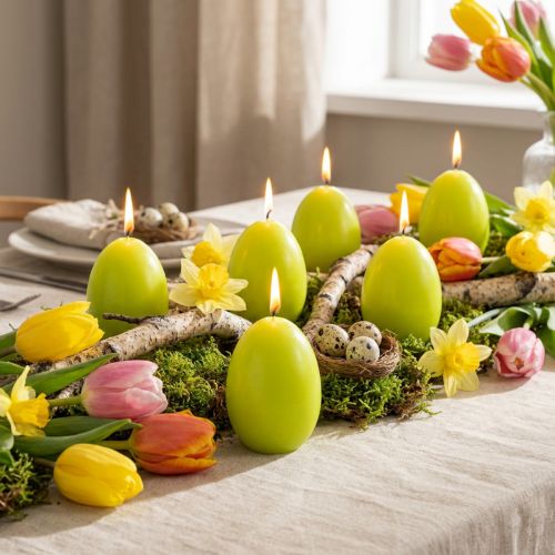 Świece wielkanocne w kształcie jajka, świece wielkanocne w kształcie jajka, limonkowo-zielone, 9cm, 20h, 6 szt. | Floristik24.pl
