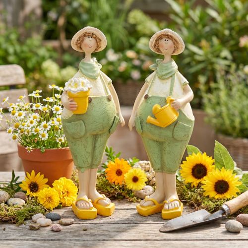 Dekoracyjne figurki ogrodników, dekoracja stołu, lato, zielono-żółte, 16,5 x 5,5 cm, 2 sztuki | Floristik24.pl