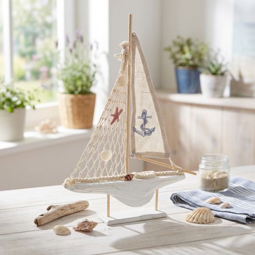 Produkt Dekoracja żaglówki drewno sosnowe na podstawie naturalna biel wys. 39cm
