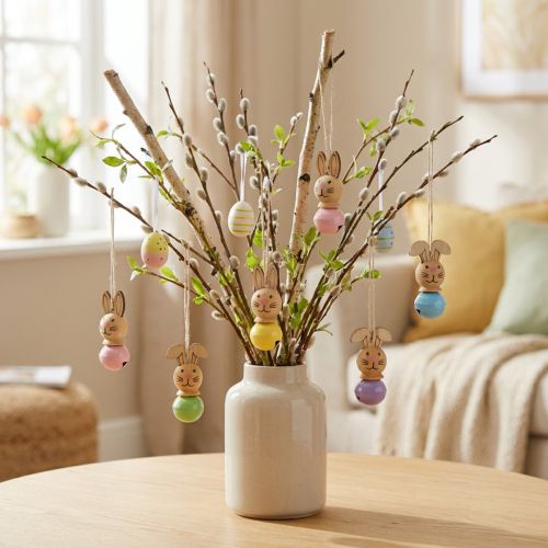 Produkt Drewniane zawieszki w kształcie zajączka wielkanocnego na wiosnę i choinkę wielkanocną, 4 cm, 12 sztuk