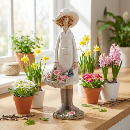 Figurka dekoracyjna ogrodnik, dekoracyjna kobieta z kwiatami, biało-różowa, wys. 21 cm | Floristik24.pl