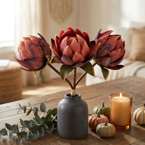 Kwiaty sztuczne Protea ozdobne czerwono-pomarańczowe 34cm 3szt. | Floristik24.pl