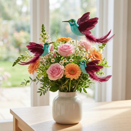 Produkt Ozdoba koliber na patyku turkusowa bordowa 13-15cmx9-10cm 6 szt.