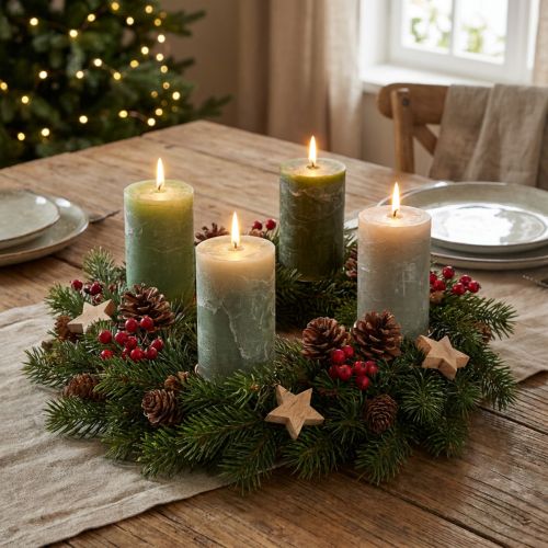 Produkt Zestaw świec filarowych, 3 kolory, zielony, świece w jednolitym kolorze, dekoracja stołu, 70x120mm, 12 sztuk