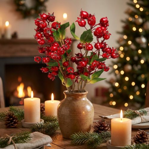 Gałąź ozdobna dzikiej róży z czerwonymi owocami L60cm 2 szt | Floristik24.pl